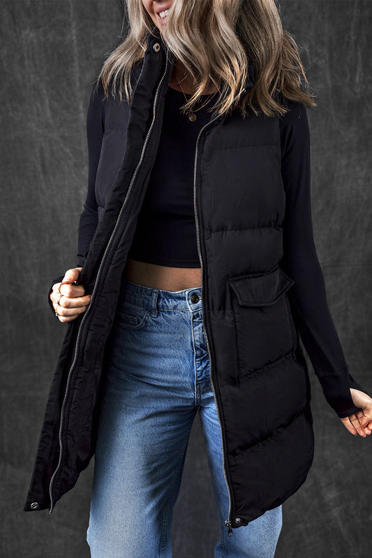 Solid Zip-Up Pocketed Puffer Vest