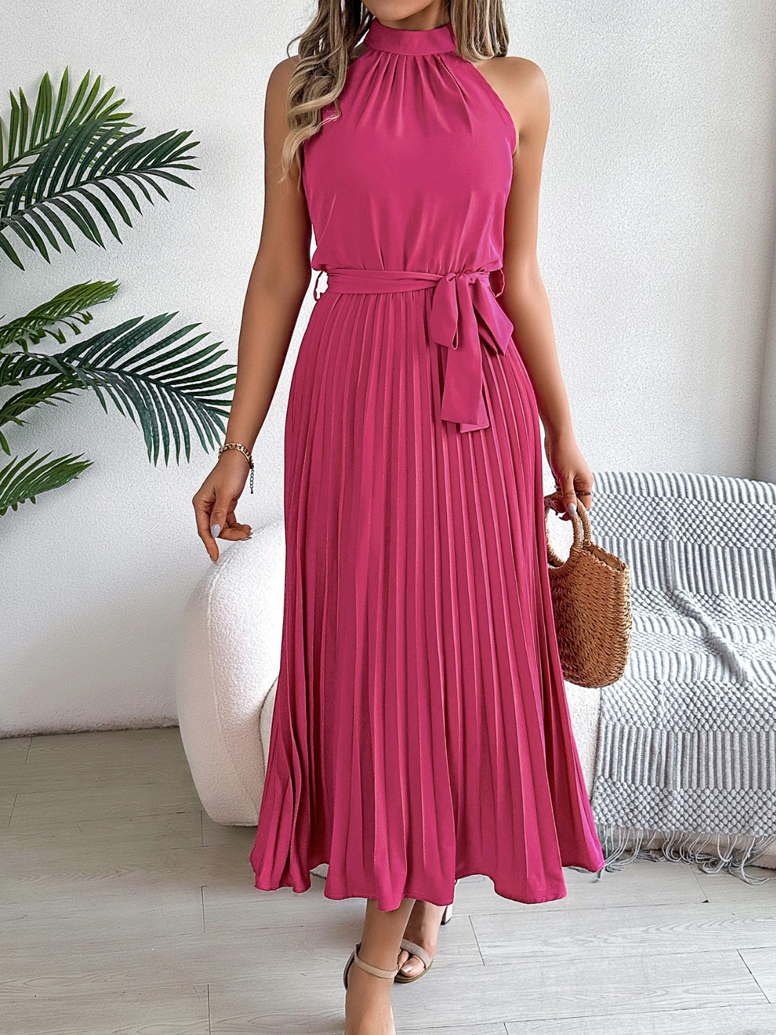 Pleated Tie Waist Sleeveless Midi Dress