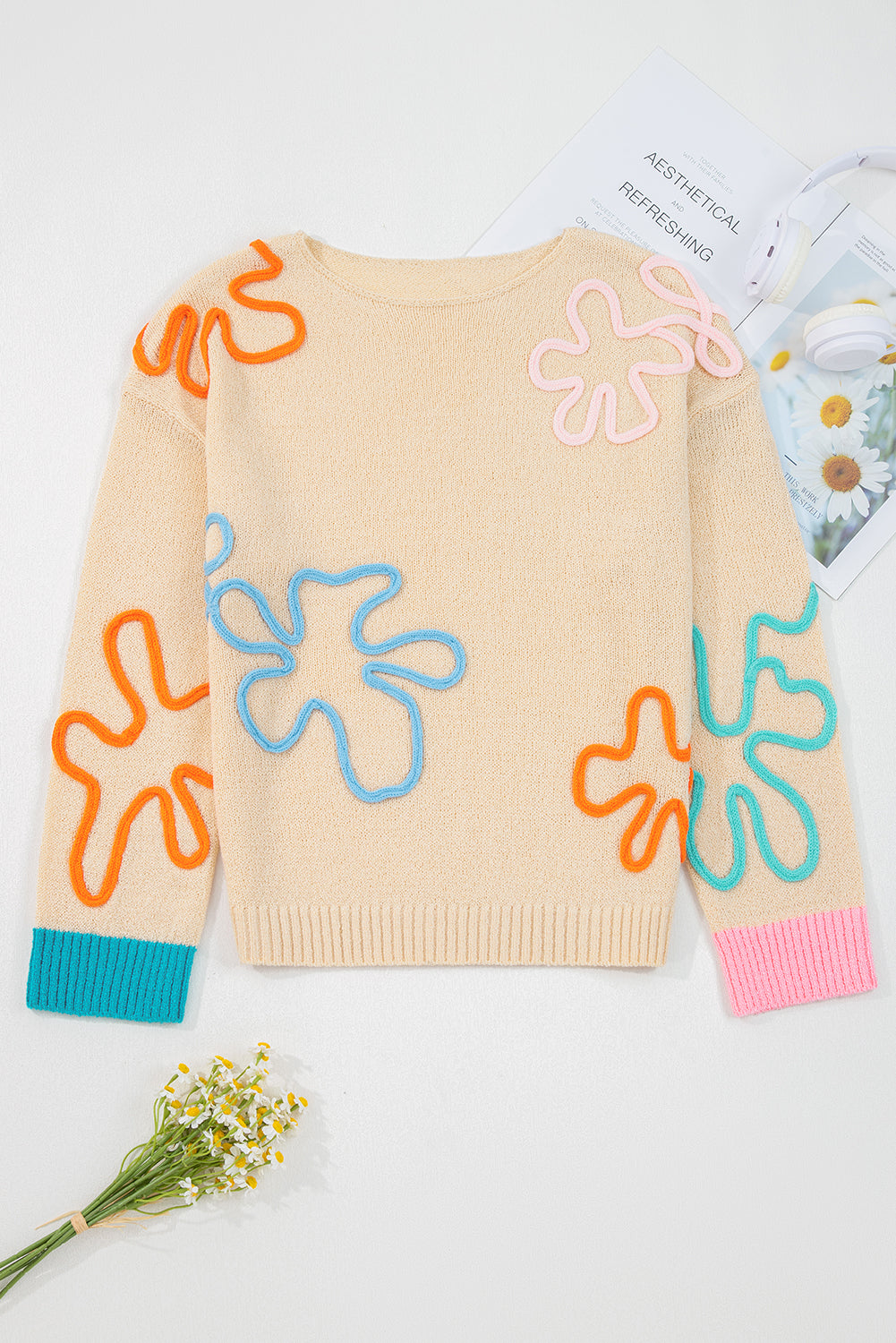 Flower Contrast Colorblock Cuffed Loose Sweater