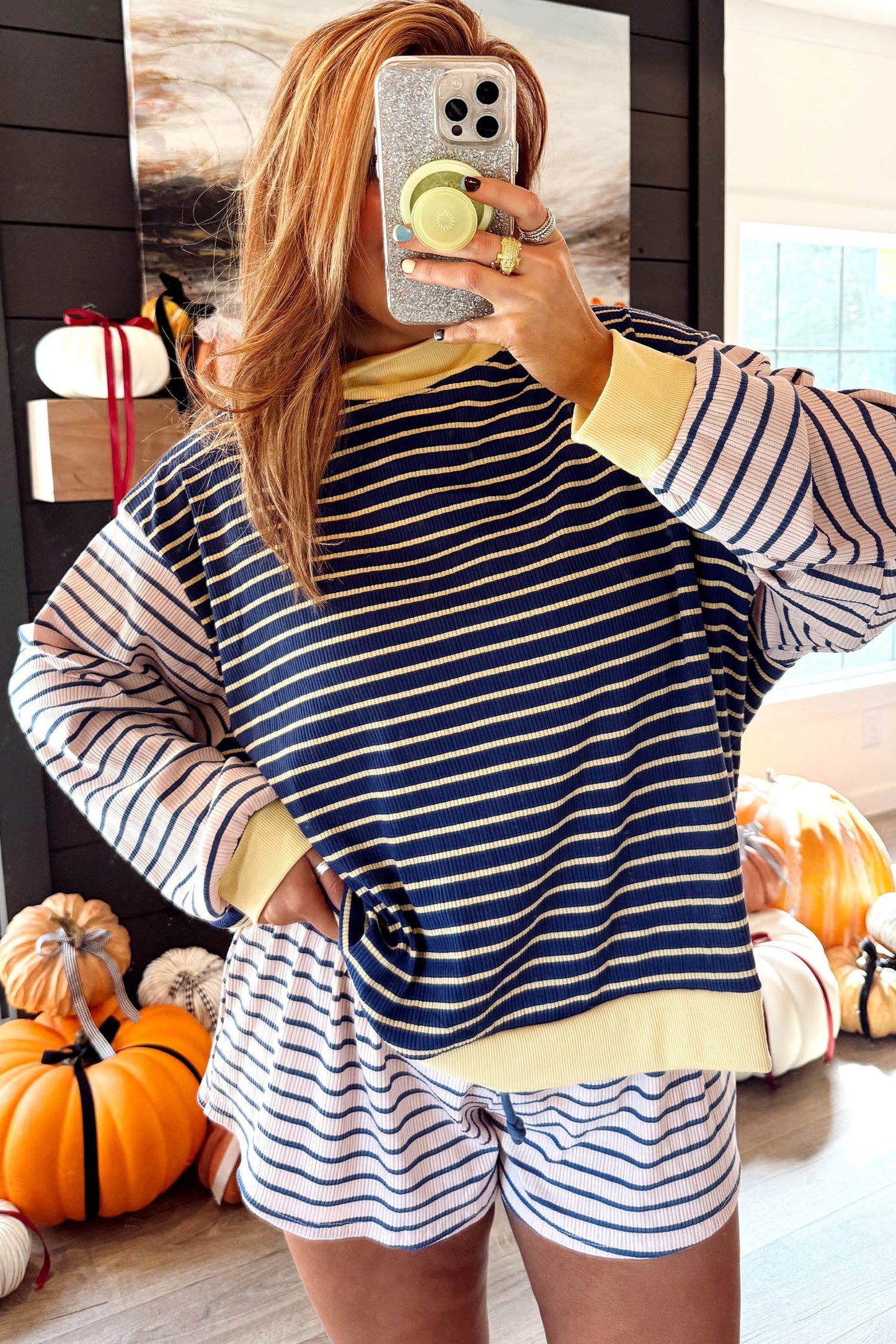Stripe Long Sleeve Mock Neck Ribbed Knit Top & Shorts Set