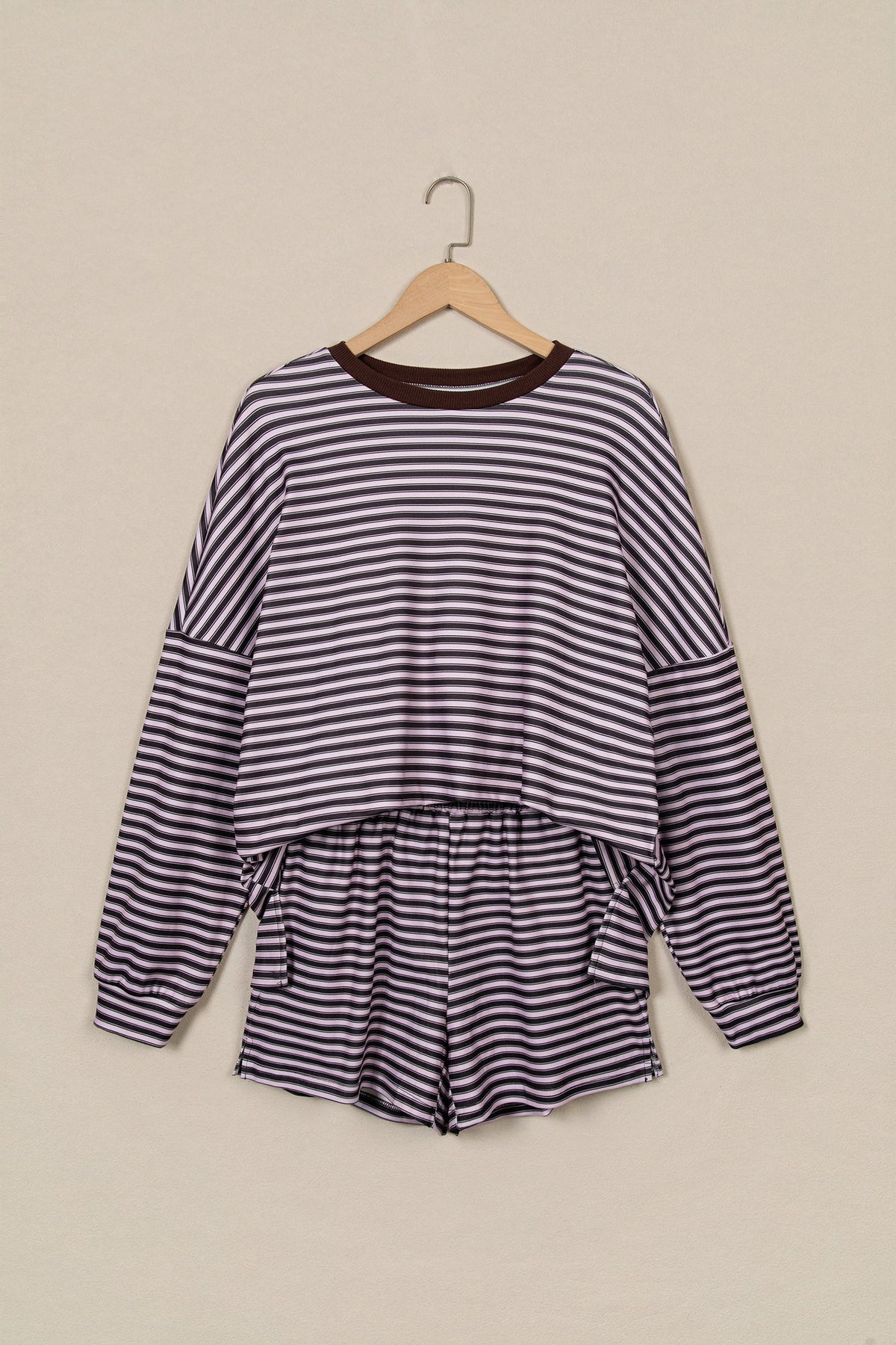 Stripe Oversized Long Sleeve Top & Pocketed Shorts Set