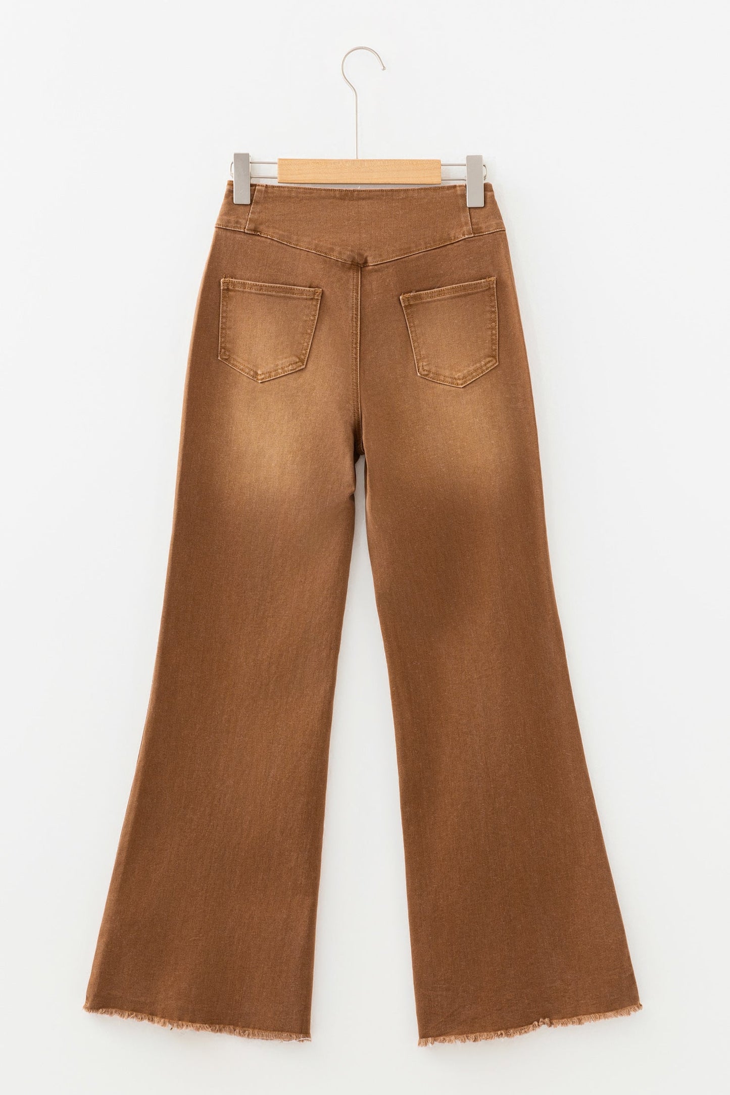 Solid Buttoned High Waist Raw Hem Flare Jeans