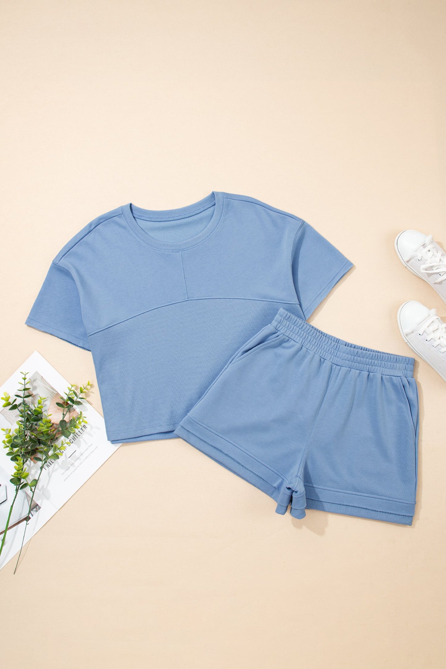 Solid Textured Raw Edge Top and Short Set