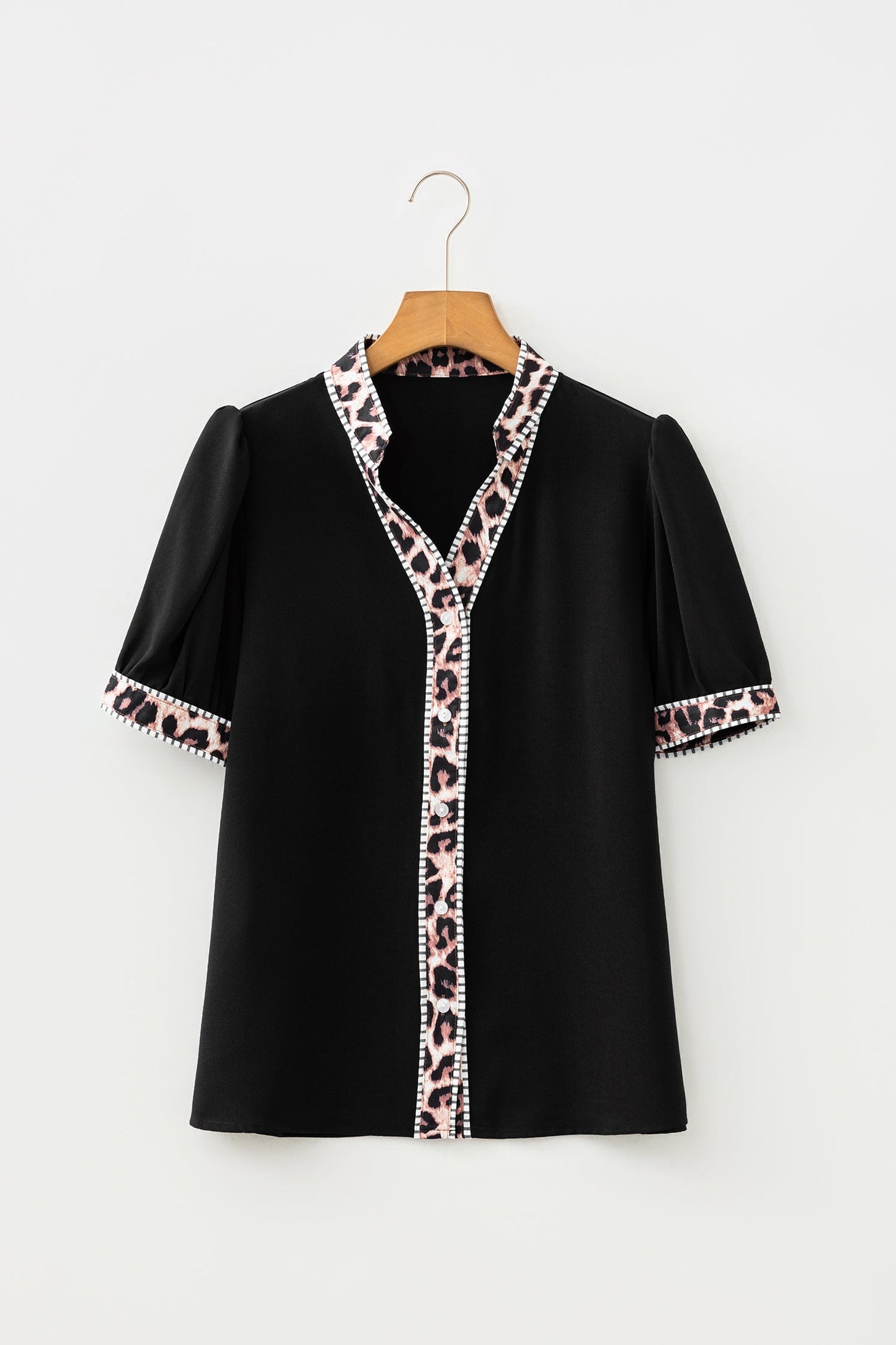 V-Neck Puff Sleeve Button Down Contrast Shirt