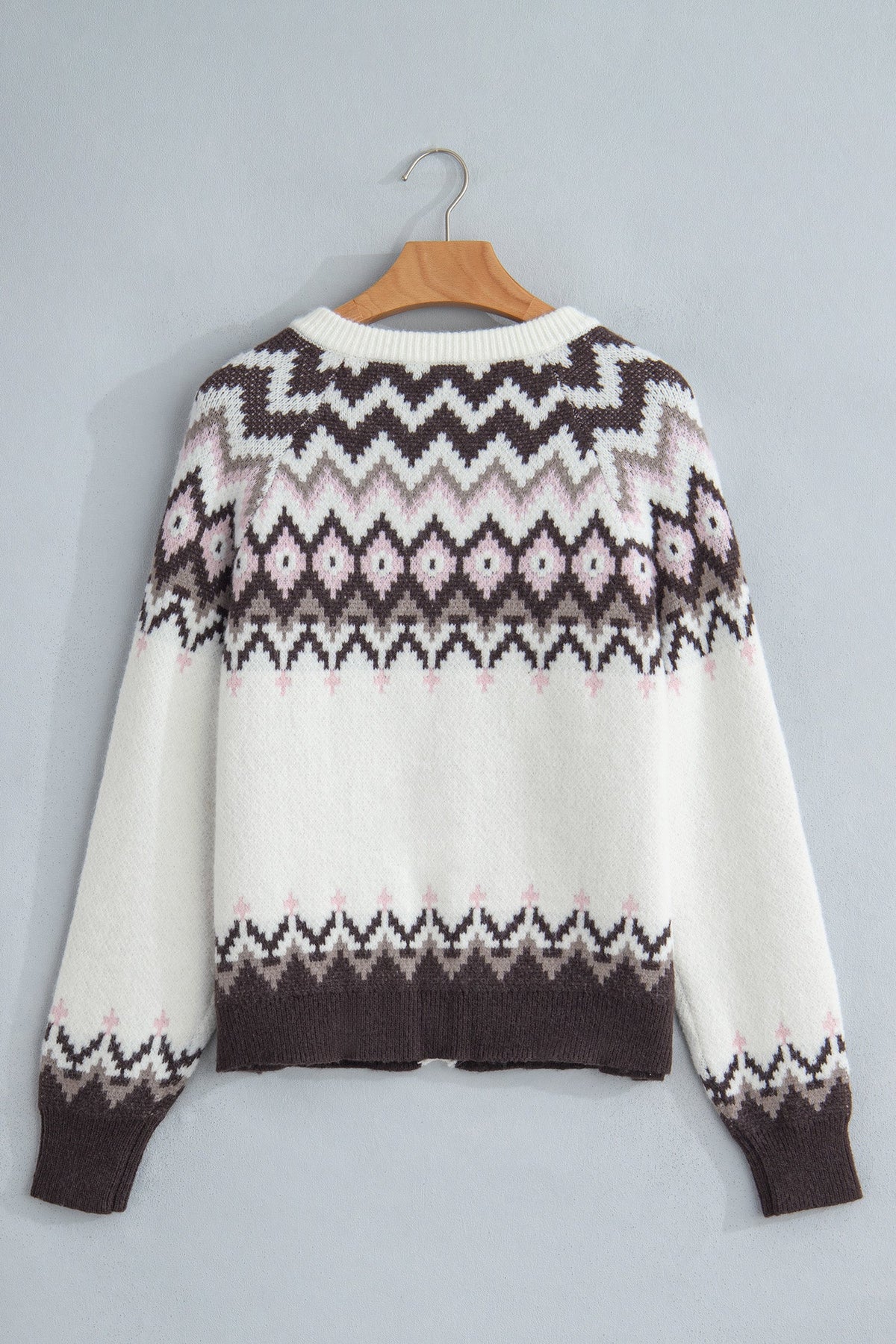 Geometric Fair Isle Brushed Knit Buttoned Cardigan