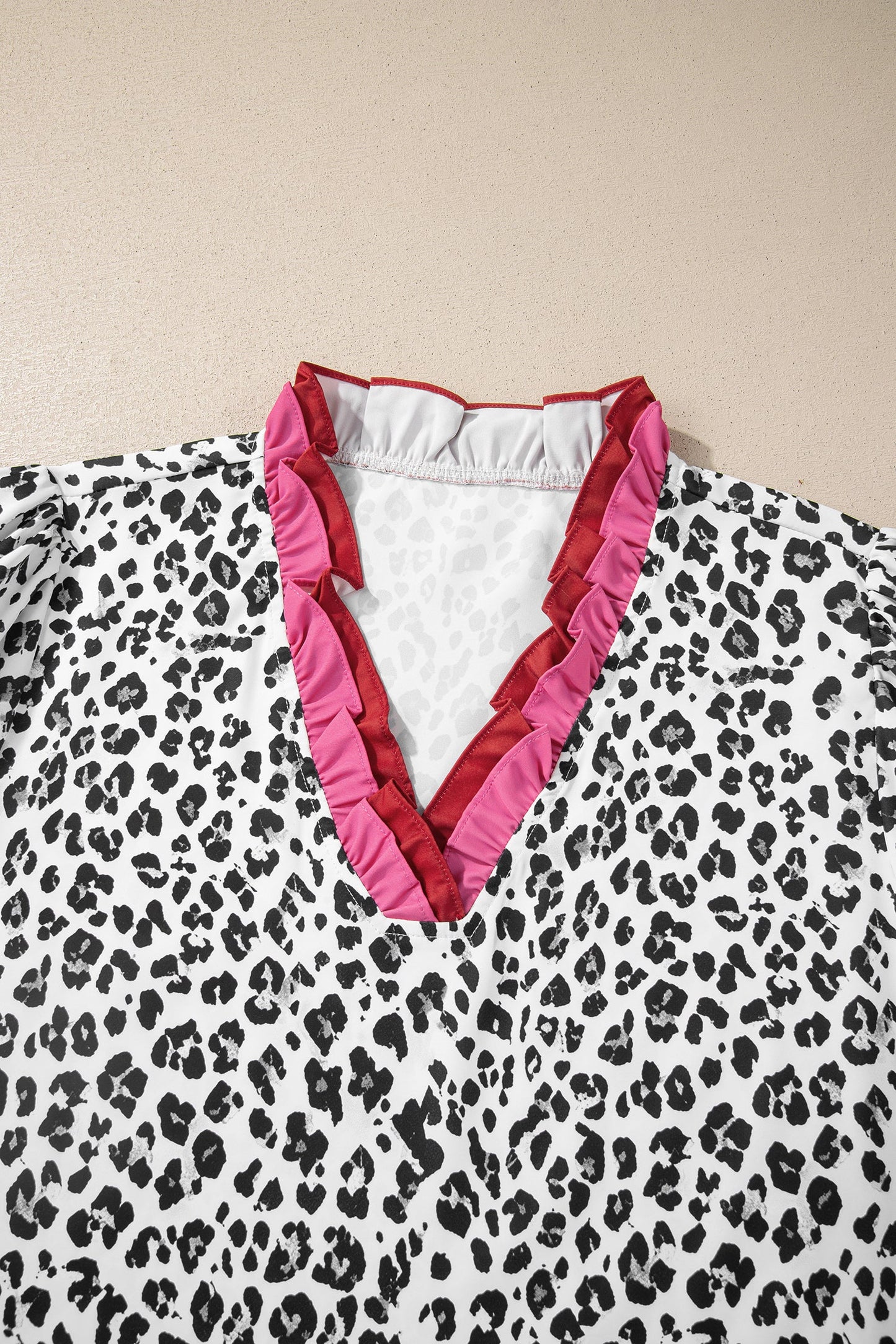 Leopard Ruffle Trim V-Neck Short Sleeve Blouse