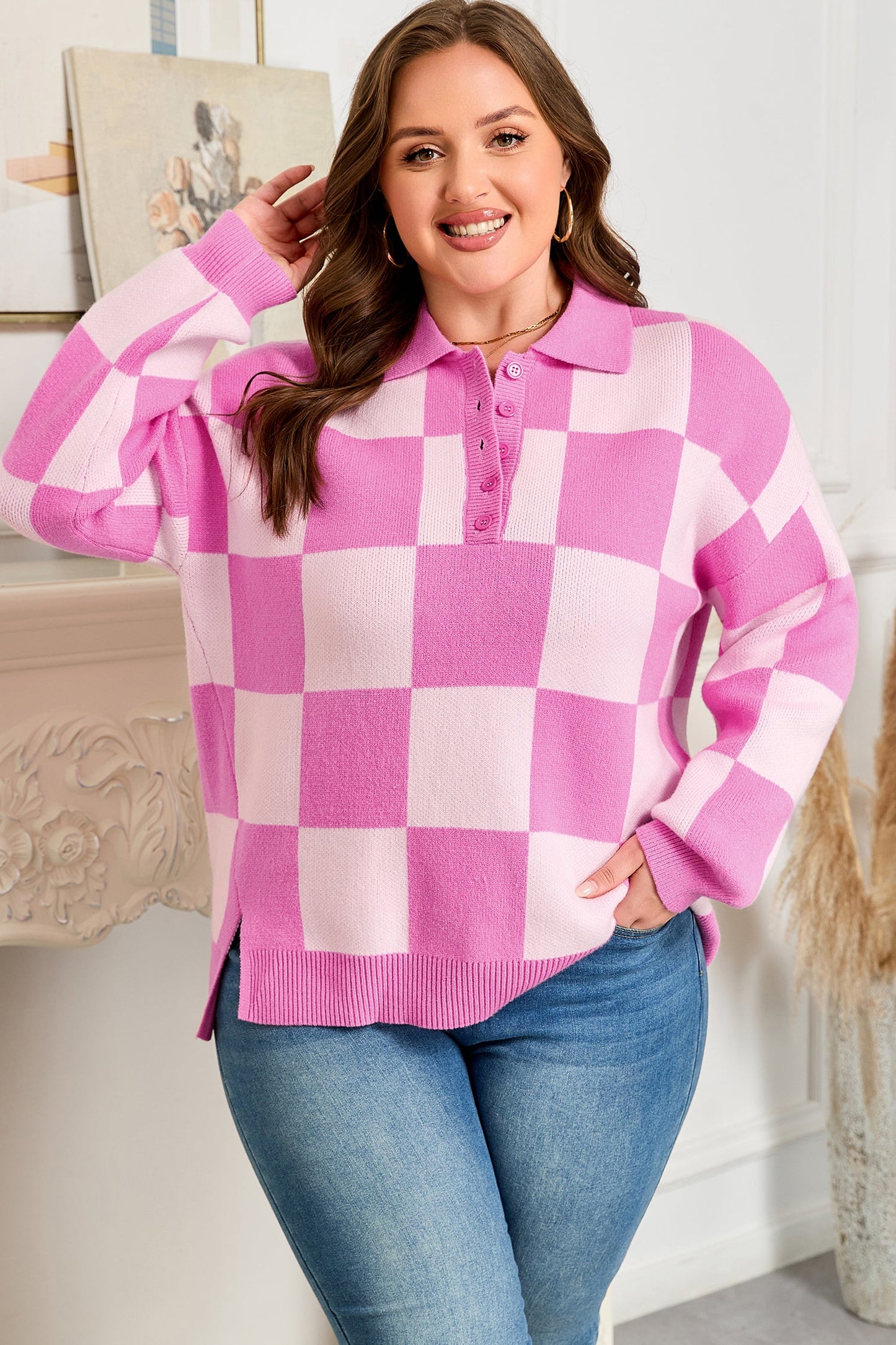 Plus Size Checker Collared Half-Button Henley Sweater