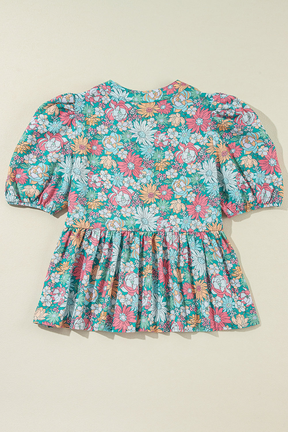 Floral Notched Neck Puff Short Sleeve Blouse