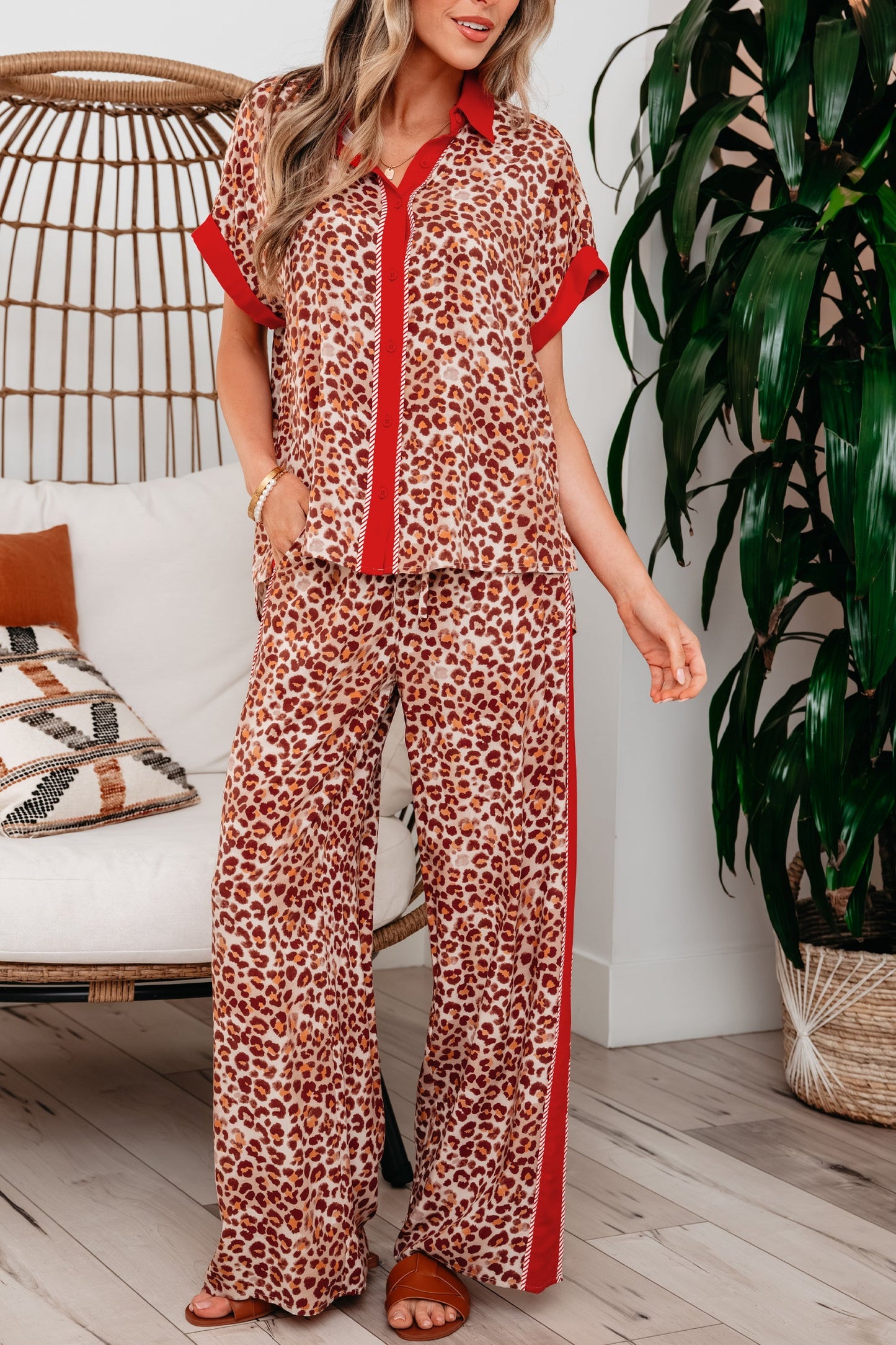 Leopard Contrast Trim Top and Pant Set