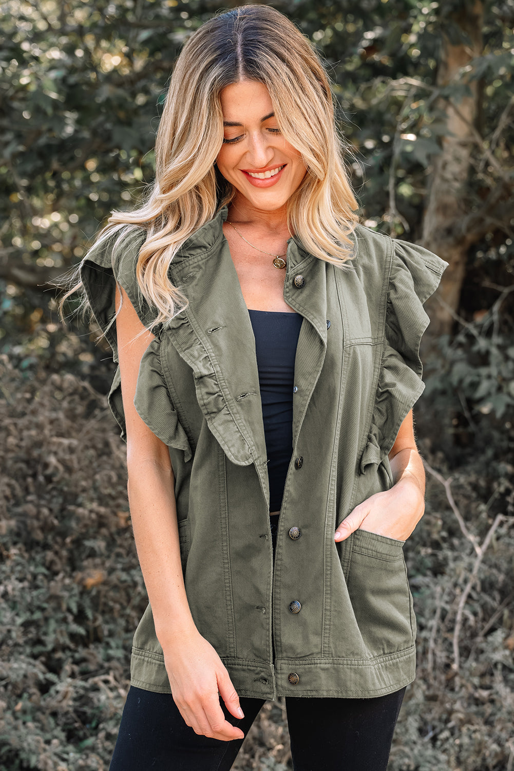 Denim Patchwork Ruffle Sleeve Jacket Vest