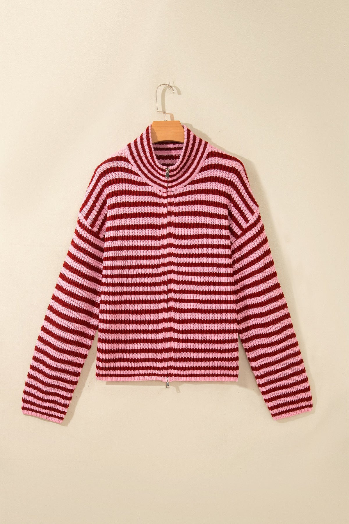 Stripe Mock Neck Drop Shoulder Zip-Up Cardigan