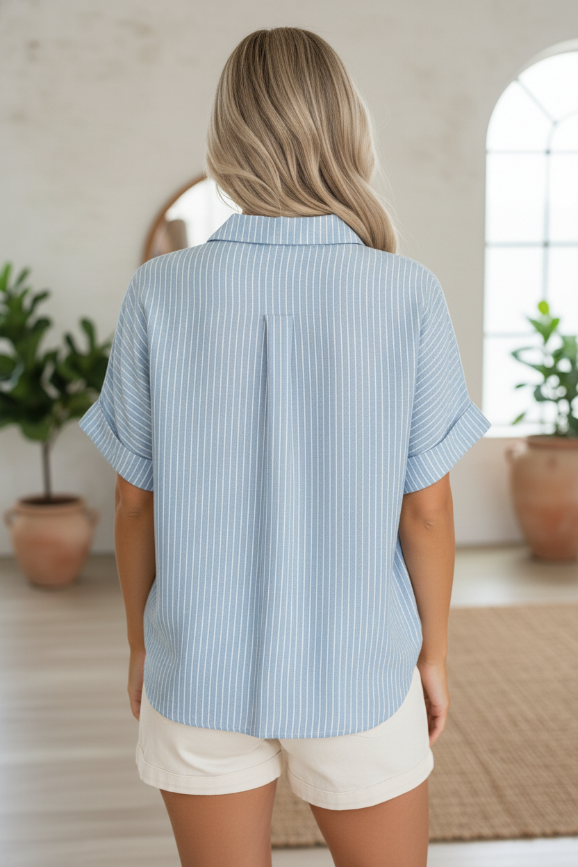 Stripe Cuffed Short Sleeve Button Shirt