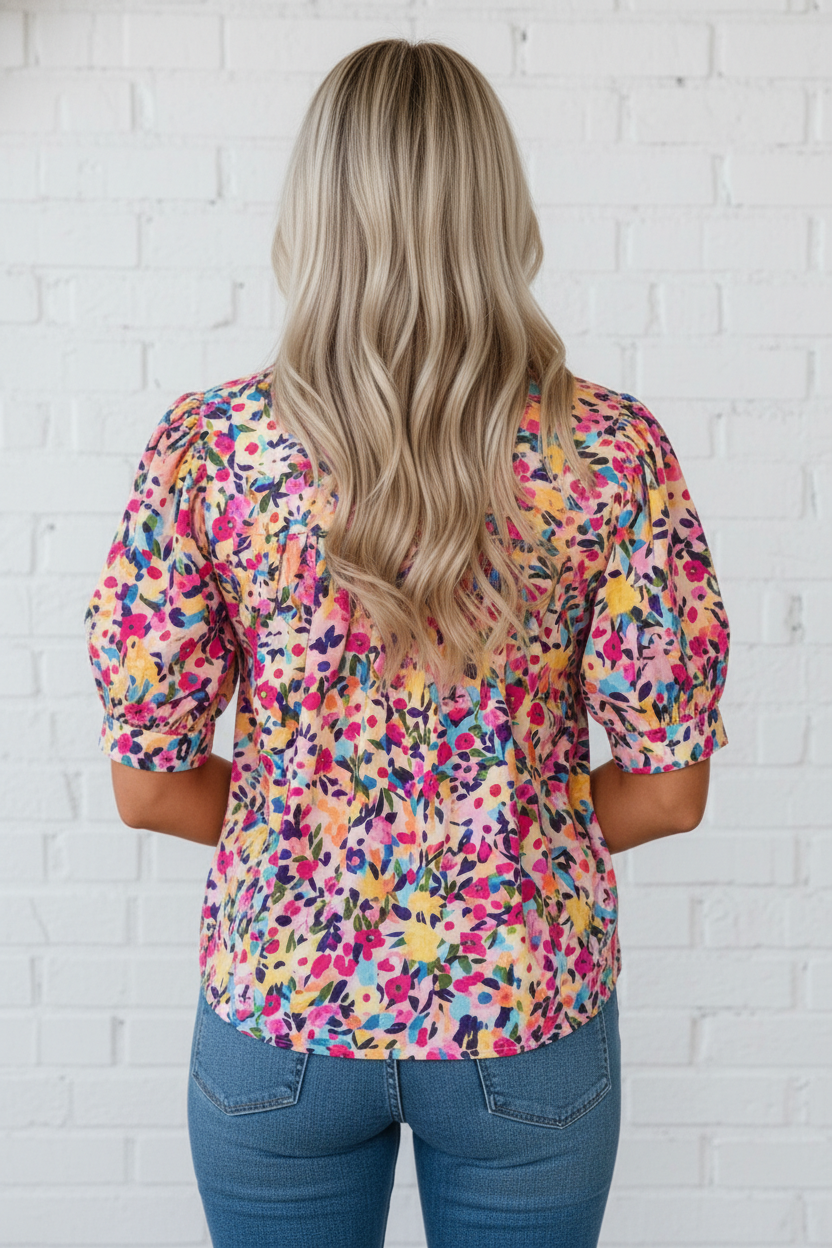 Flower Frilled Collar Puff Sleeve Blouse