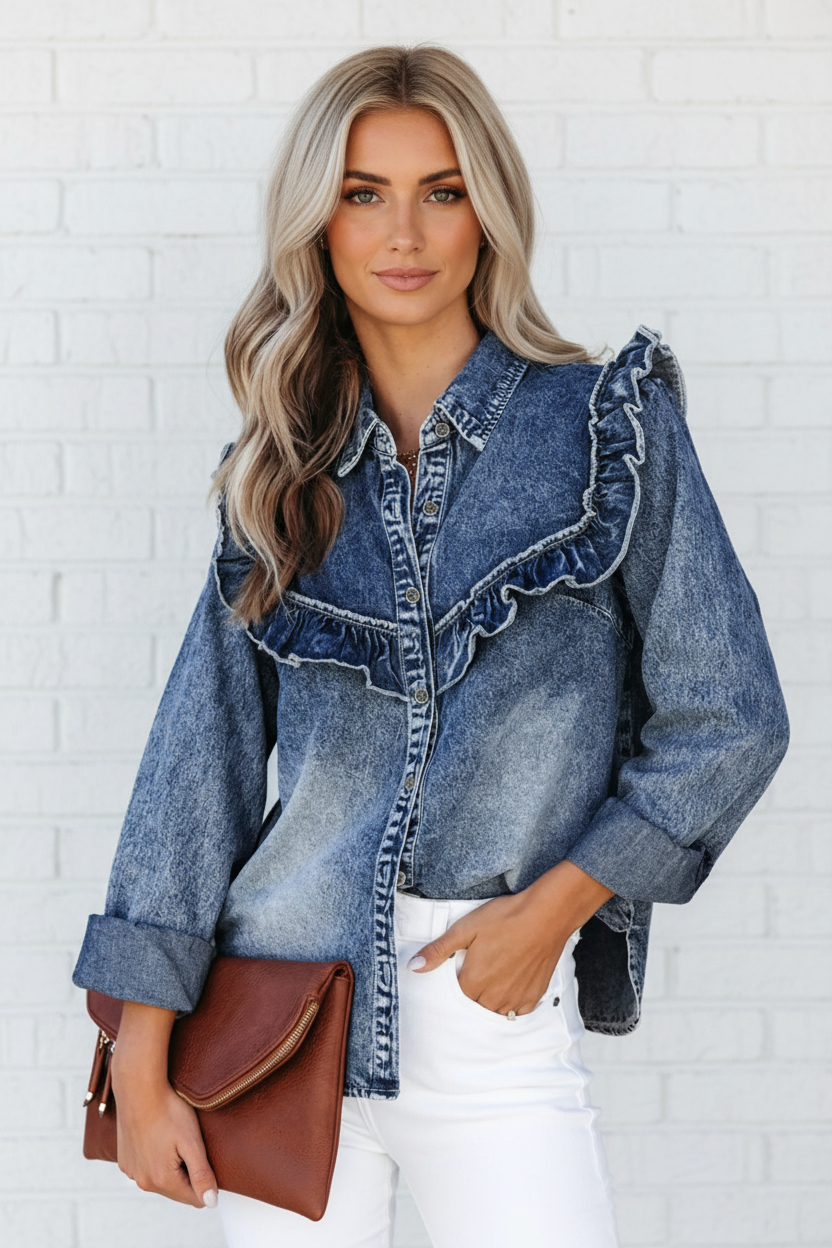 Vintage Wash Denim Ruffle Detail Button-Down Shirt