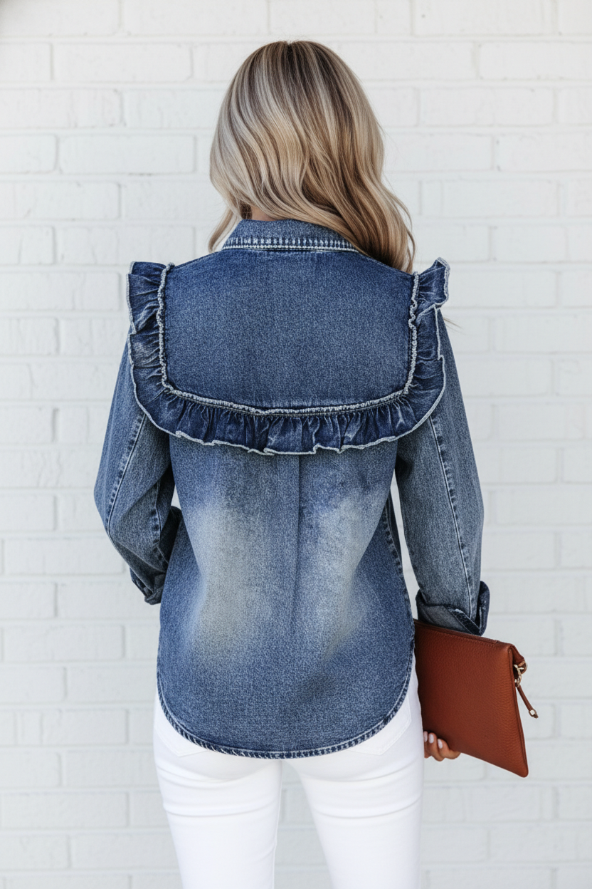 Vintage Wash Denim Ruffle Detail Button-Down Shirt
