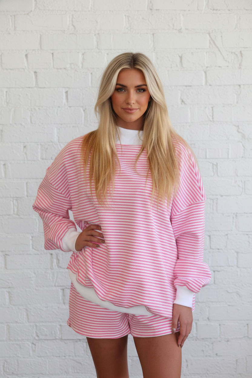 Stripe Oversize Mock Neck Sweatshirt & Shorts Set
