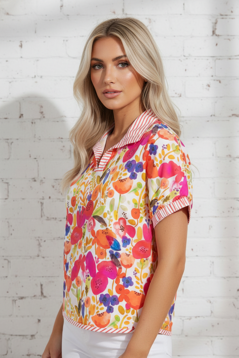 Floral Stripe Trim Collared V-Neck Blouse