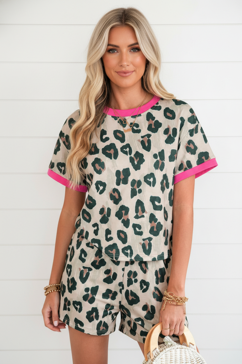 Leopard Contrast Trim Top & High Waist Shorts Set