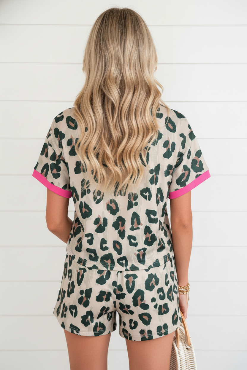 Leopard Contrast Trim Top & High Waist Shorts Set