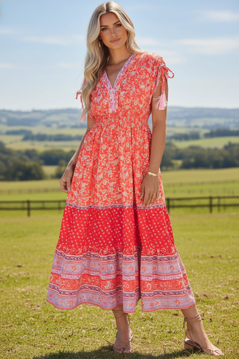 Floral Tassel Tie Sleeve Empire Waist Maxi Dress