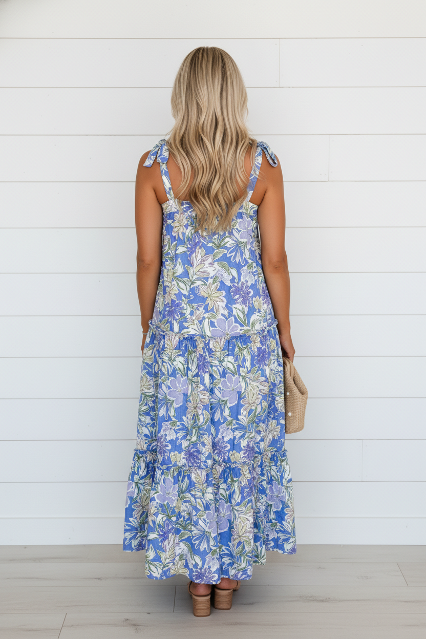 Floral Self-Tie Straps Flowy Ruffle Long Dress