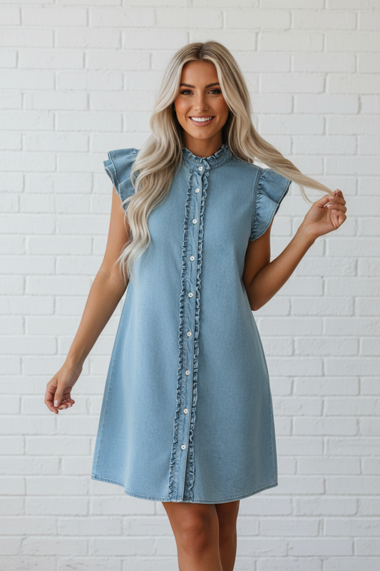 Frilled Button Down Ruffle Sleeve Denim Mini Dress