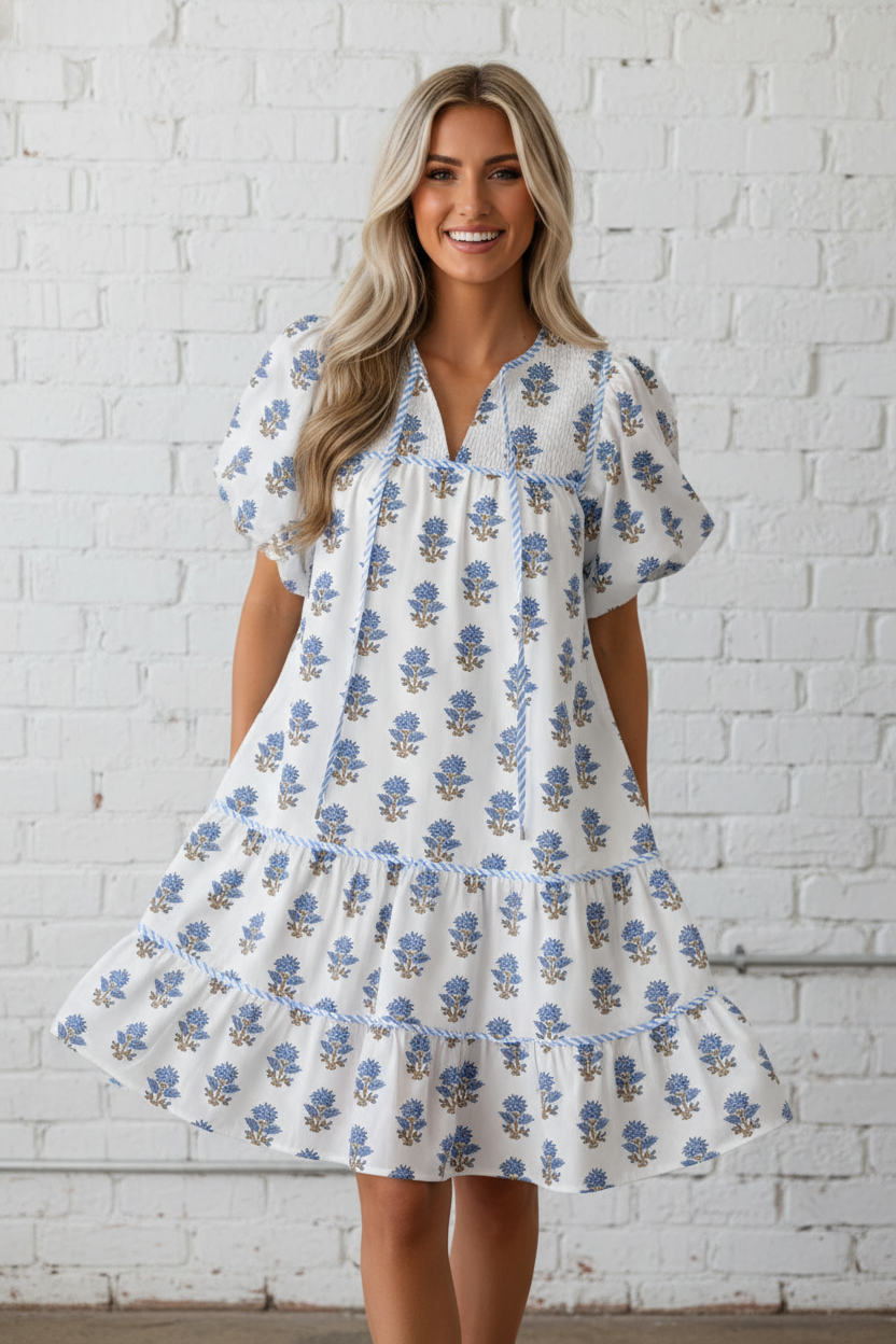 Floral Puff Sleeve Tied Neck Pocket Mini Dress