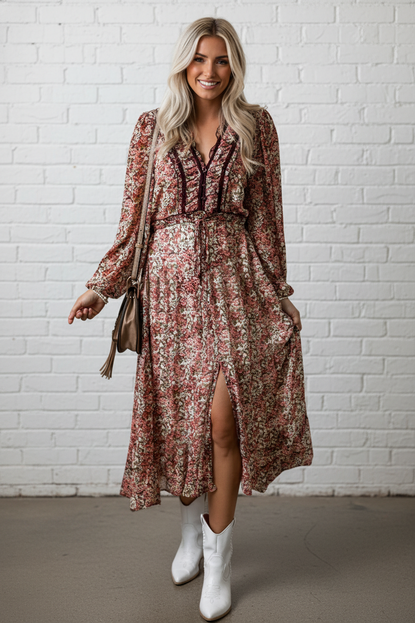 Floral Split Front Tiered Frill Midi Dress
