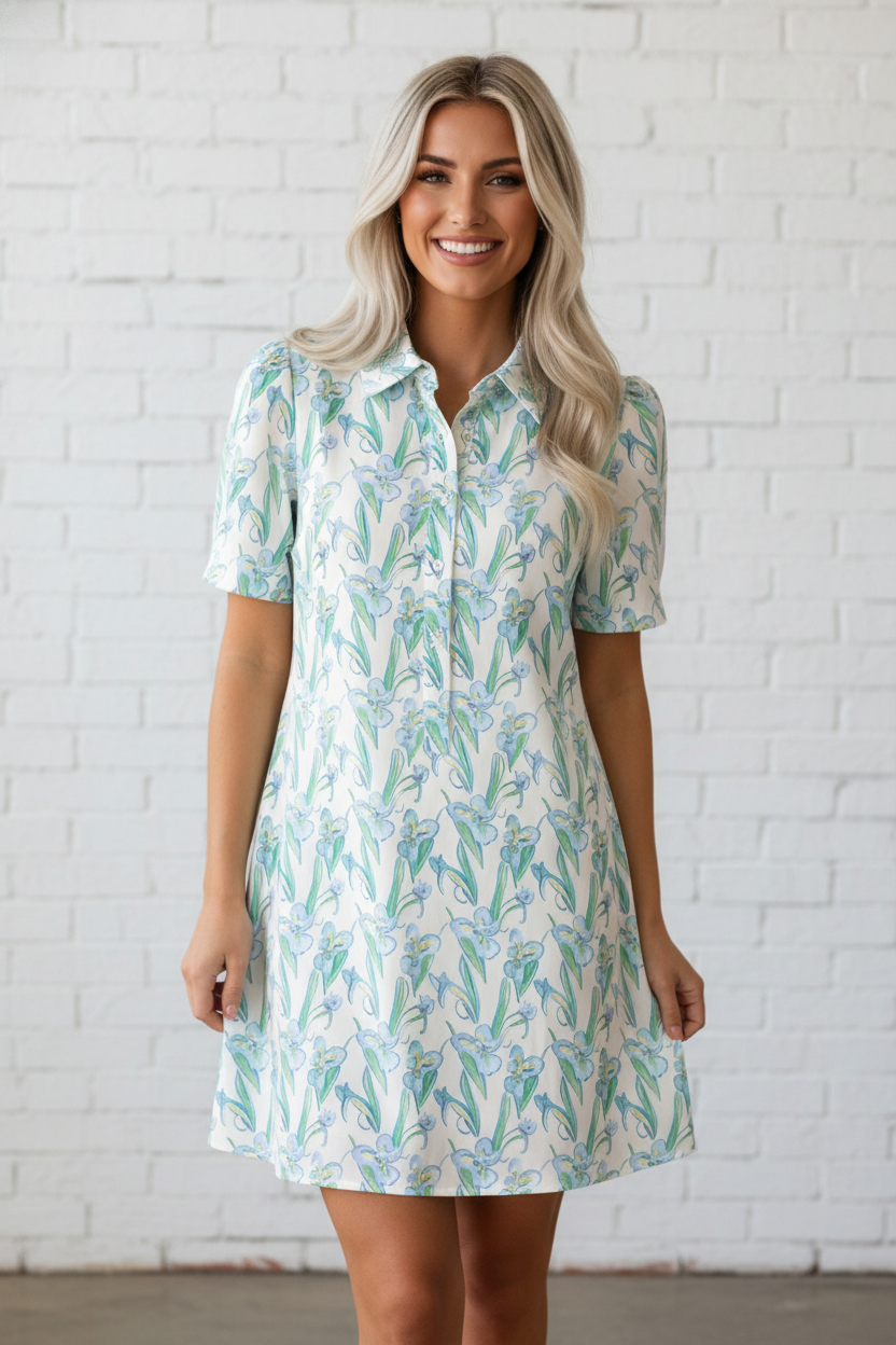 Floral Shirtcollar Button Short Sleeve Shift Dress