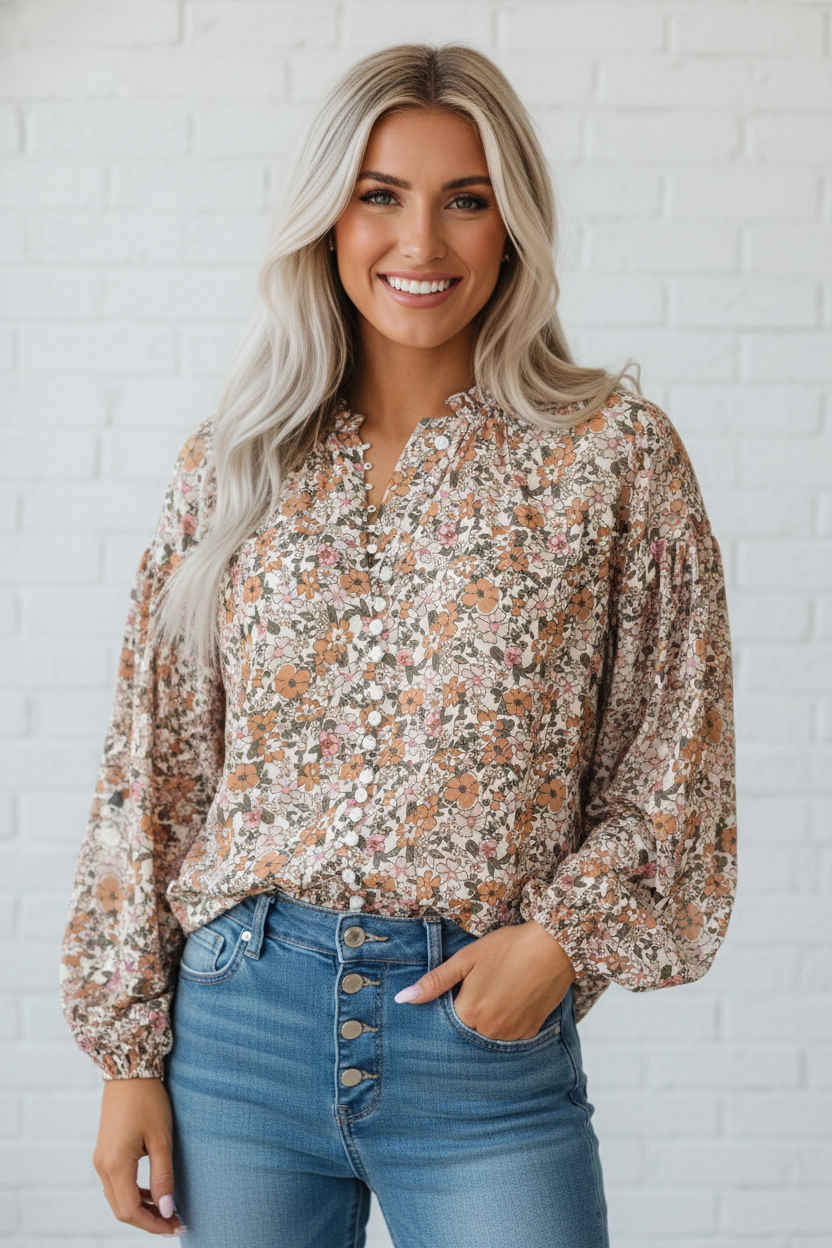 Floral Boho Puff Sleeve Full Button Shirt