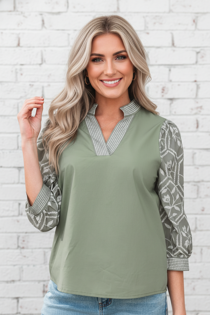 Floral Puff Sleeve Contrast V-Neck Patchwork Blouse