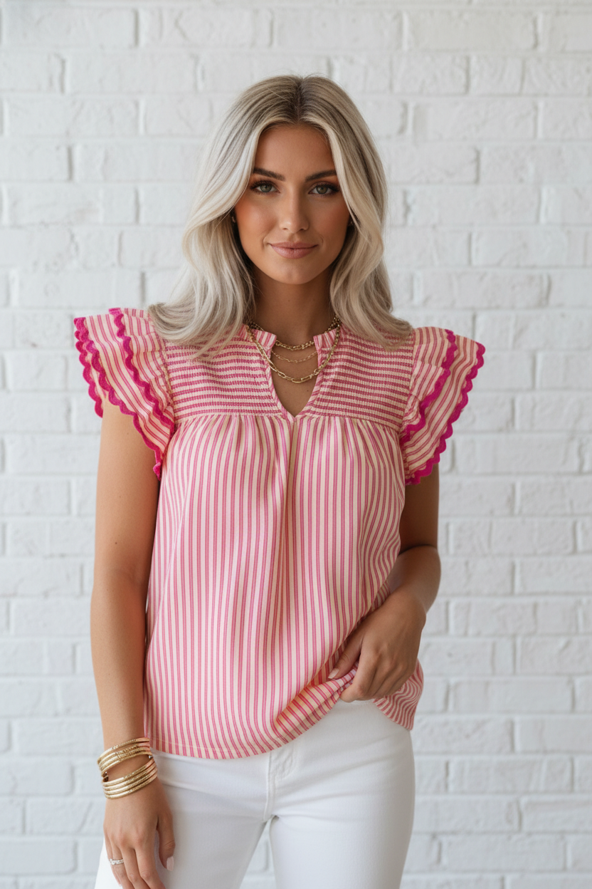 Stripe Yoke Short Sleeve Ruffle Blouse