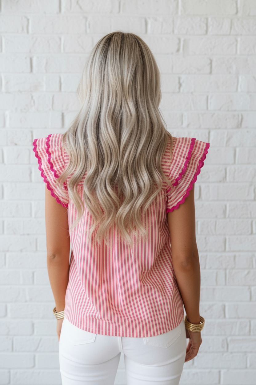 Stripe Yoke Short Sleeve Ruffle Blouse