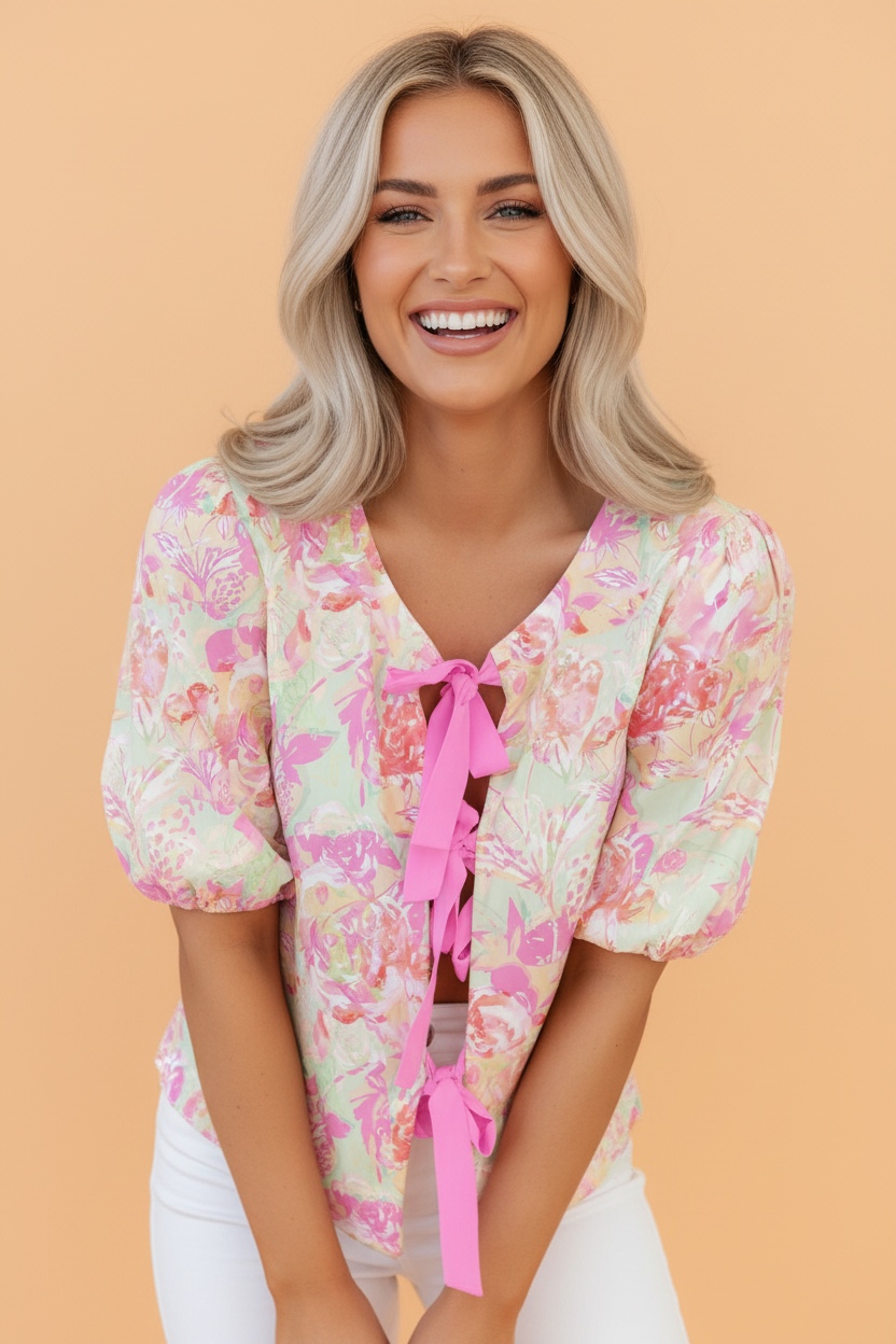 Floral Ribbon Knot Front Puff Sleeve Blouse