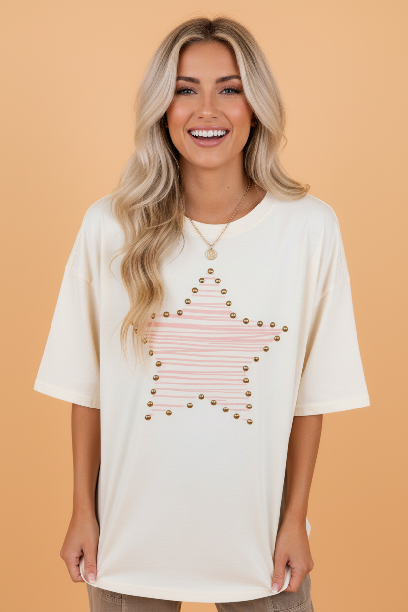 Star Stud Detail Cotton Jersey Casual Top
