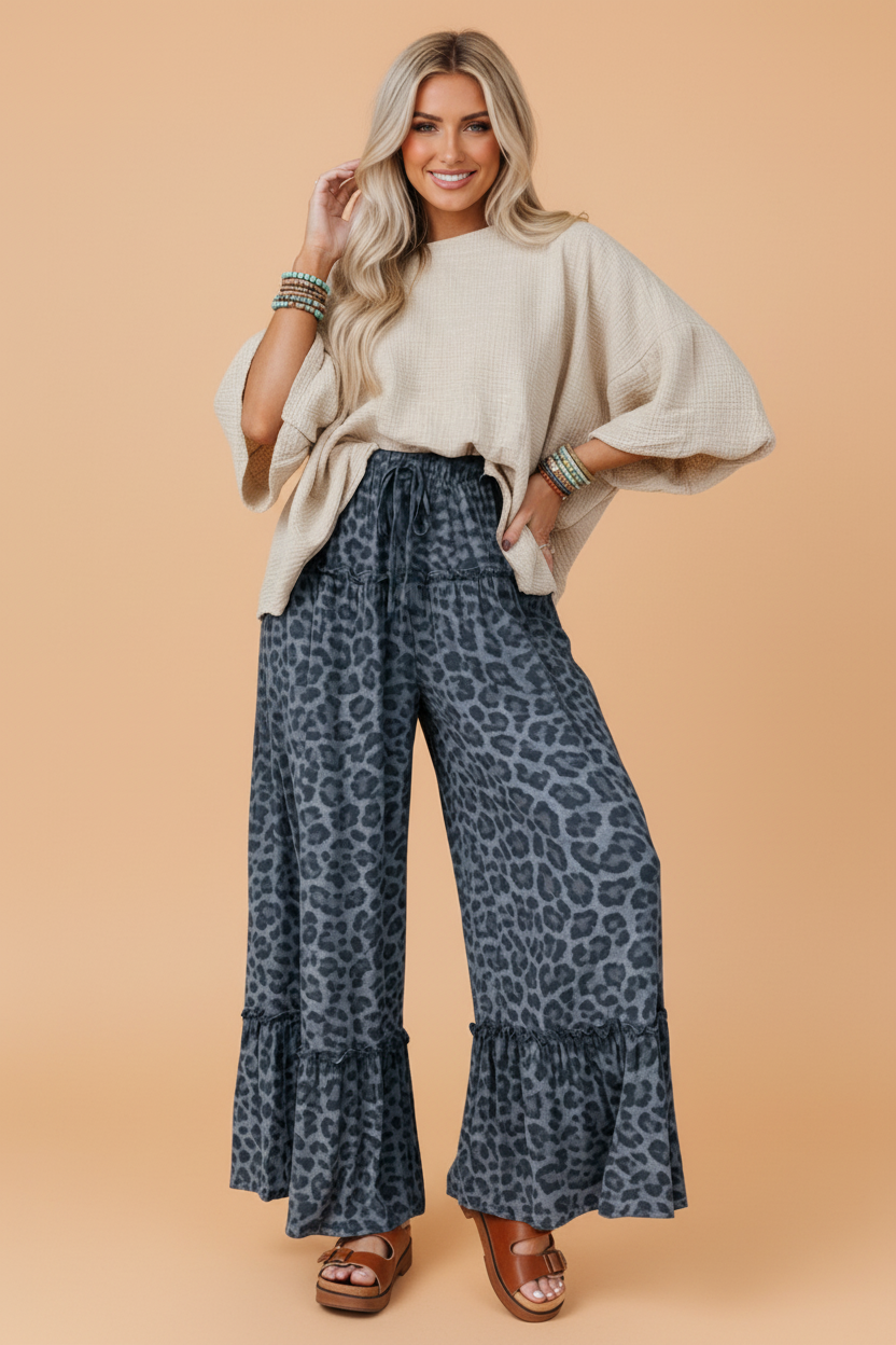 Leopard Frilled Drawstring Waist Wide Leg Pants