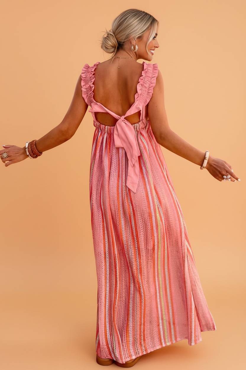Stripe Textured Knit Ruffle Tie Back Maxi Dress