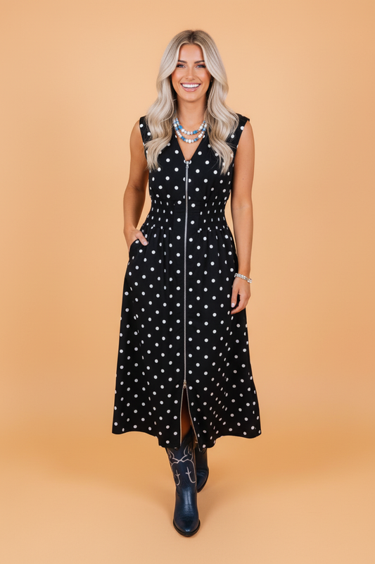 Polka Dot Zip Up V-Neck Sleeveless Dress