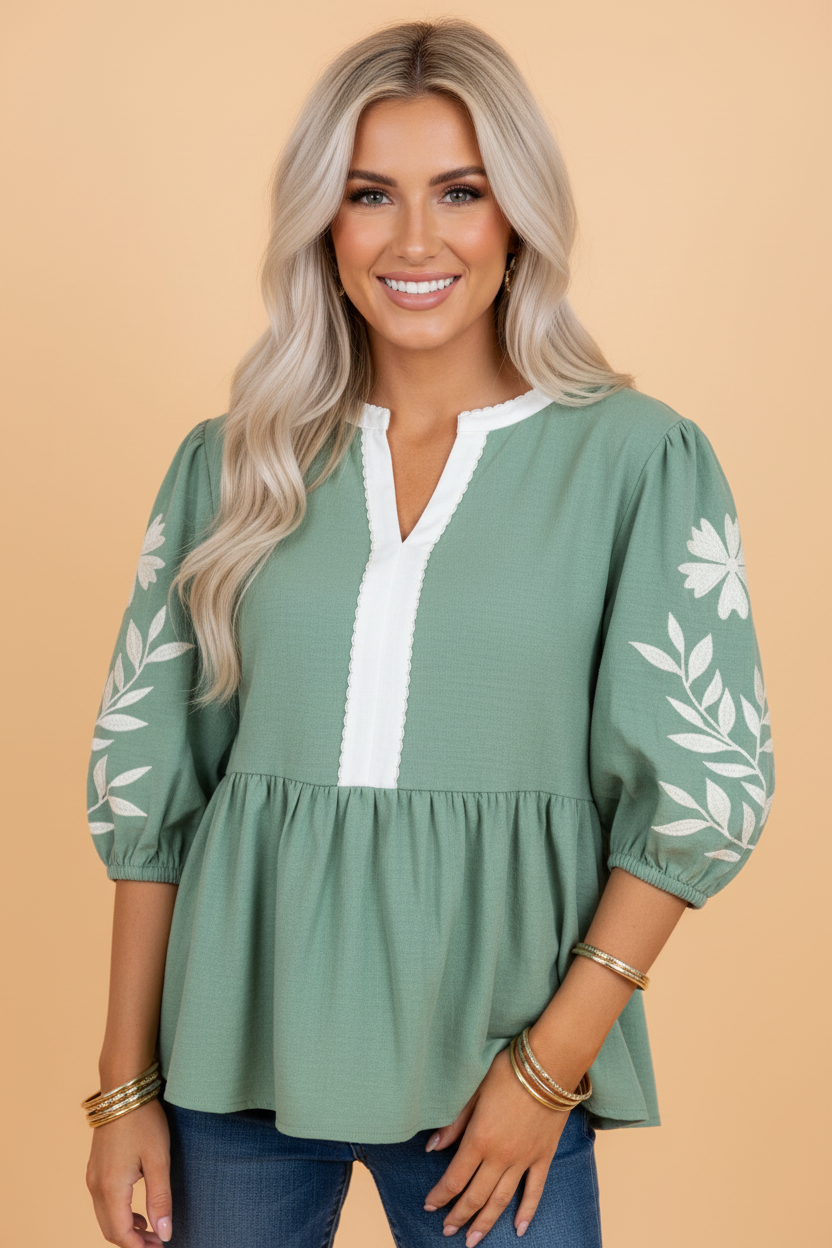Colorblock Patchwork Embroidered Puff Sleeve Babydoll Blouse