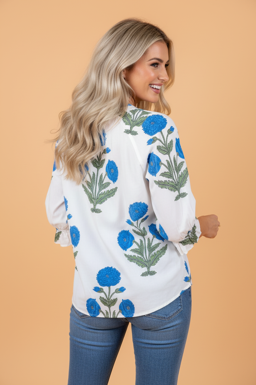 Flower Contrast V-Neck 3/4 Sleeve Blouse