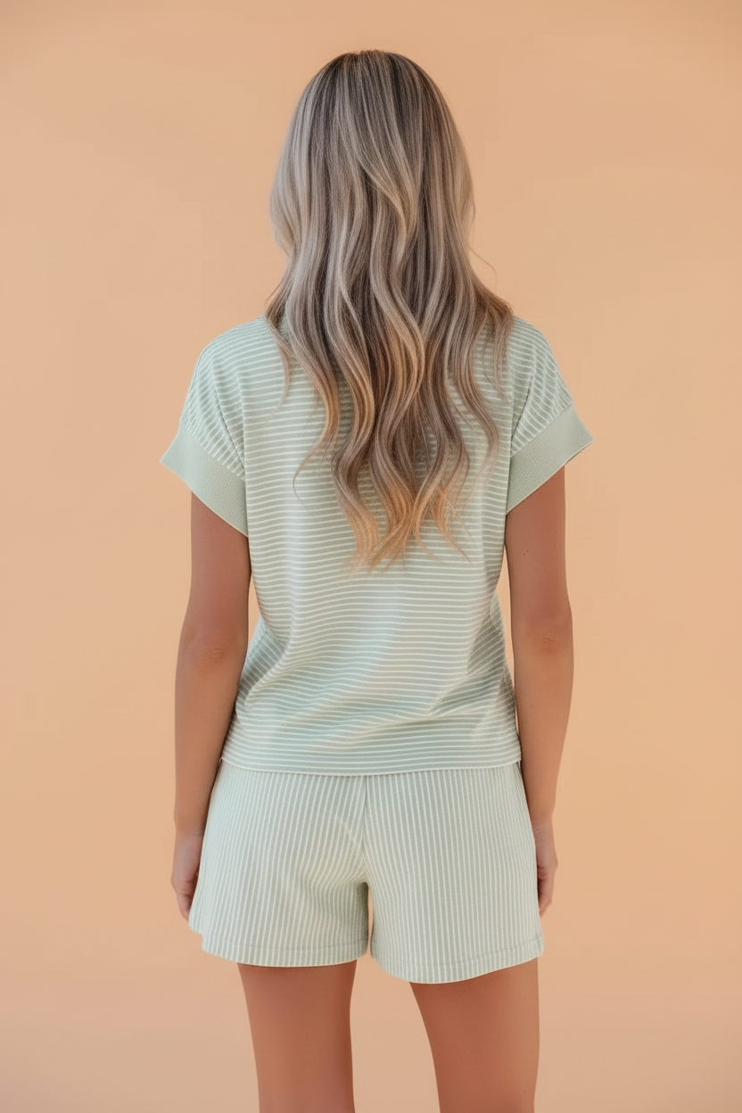 Stripe Dolman Sleeve Polo Shirt & Drawstring Shorts Set