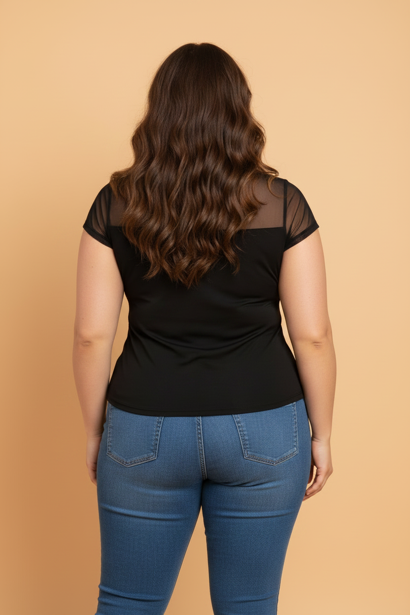 Plus Size Sheer Mesh Panel Short Sleeve Top
