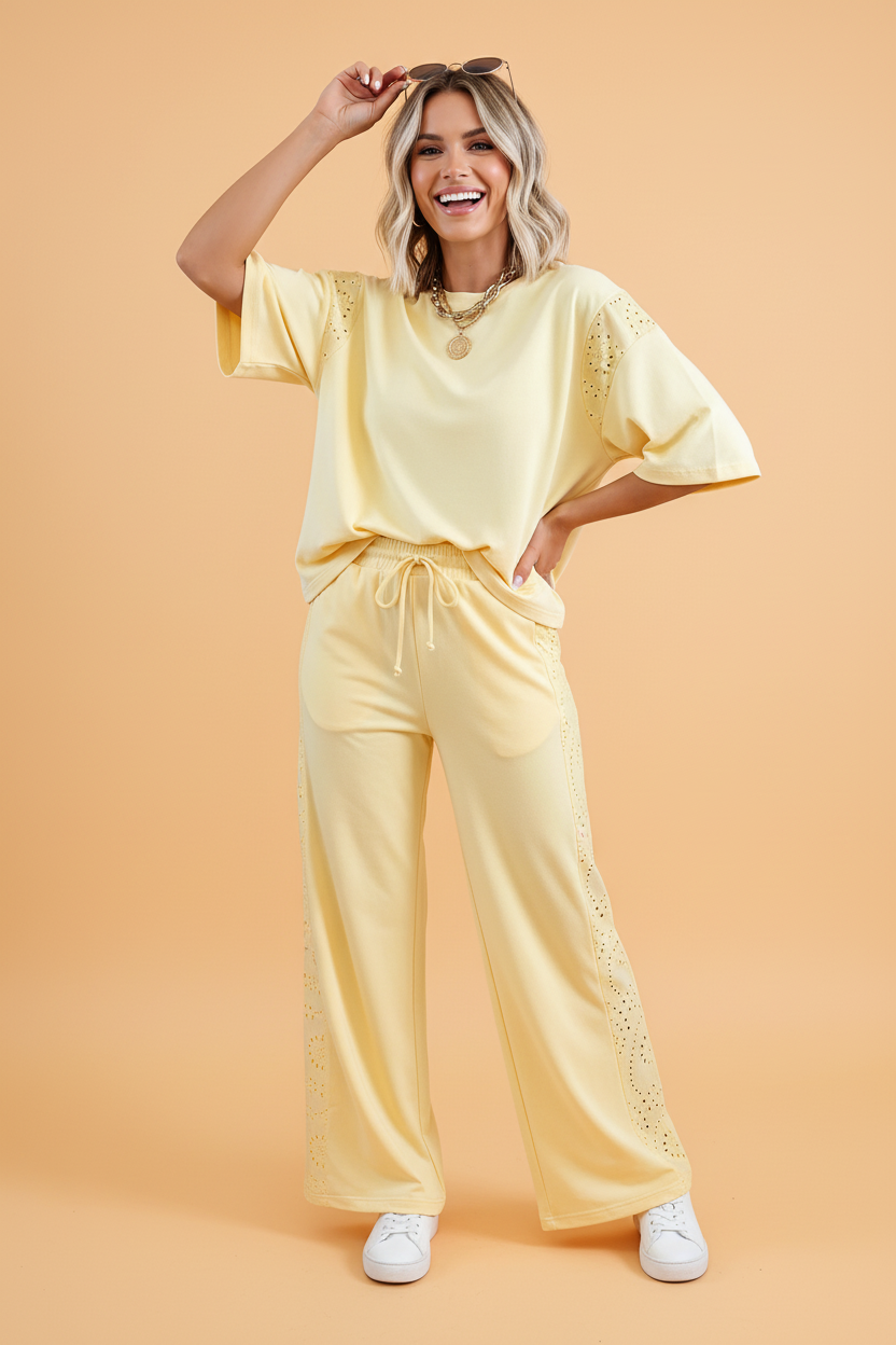 Solid Embroidered Eyelet Patchwork Top & Pants Set