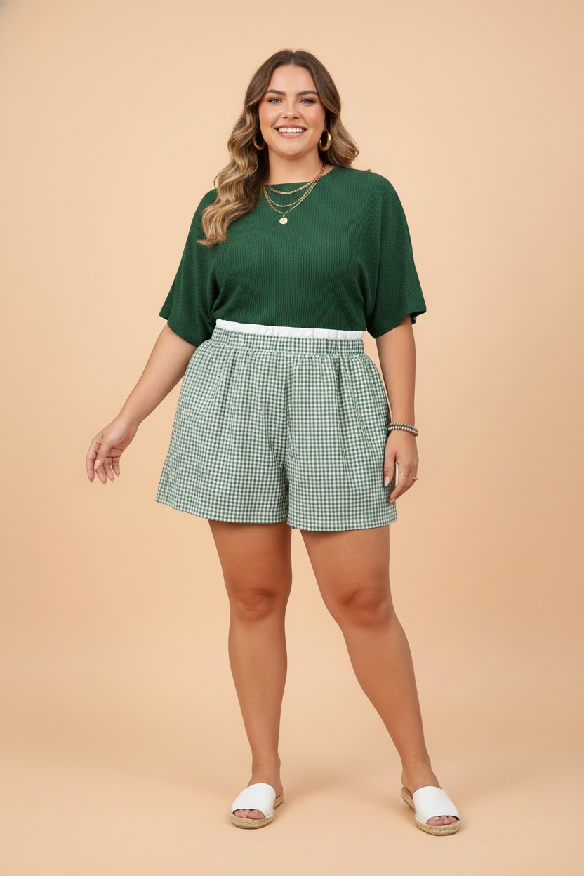 Plus Size Gingham Plaid Ruffle Contrast Trim Shorts