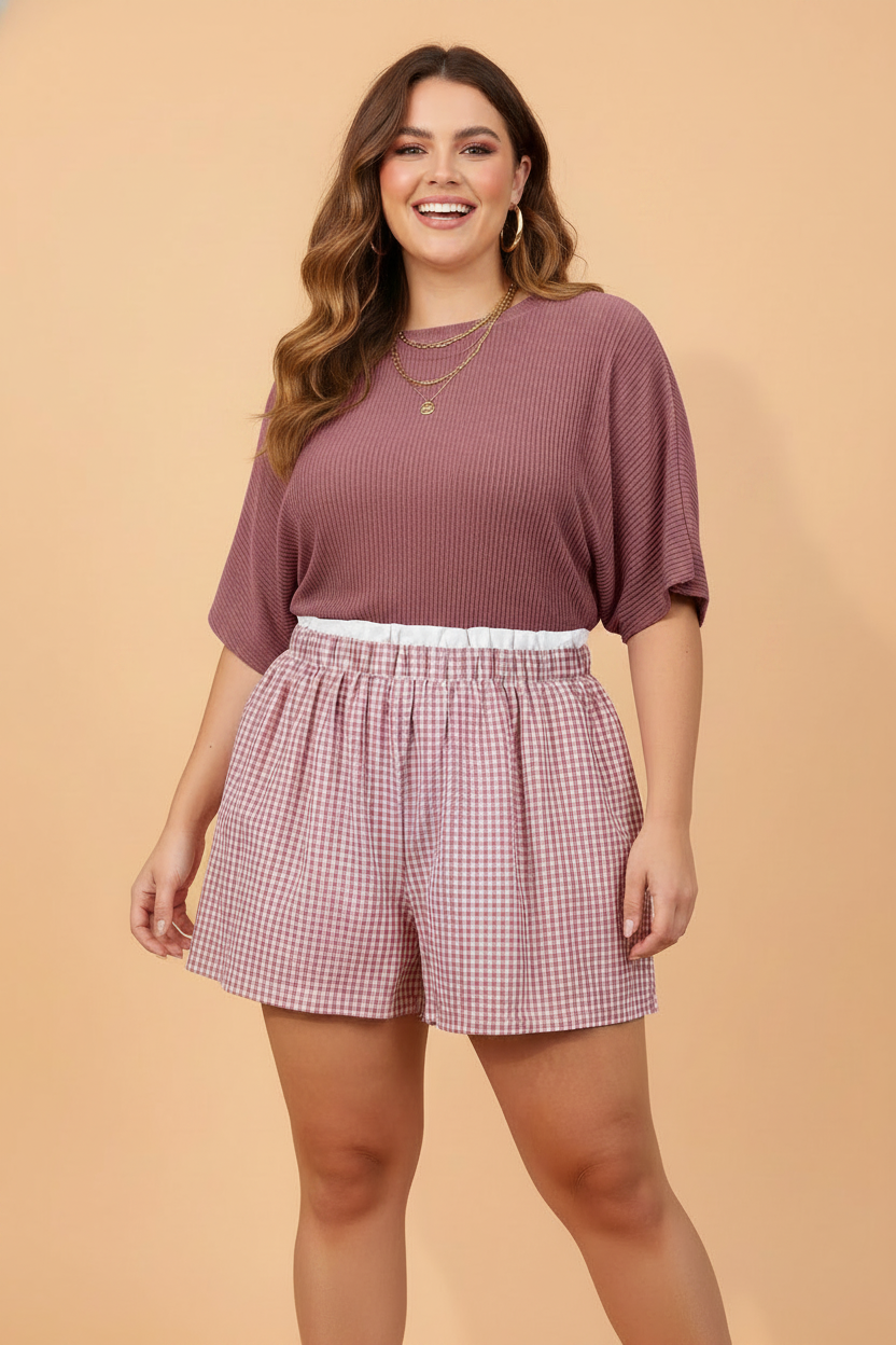 Plus Size Gingham Plaid Ruffle Contrast Trim Shorts