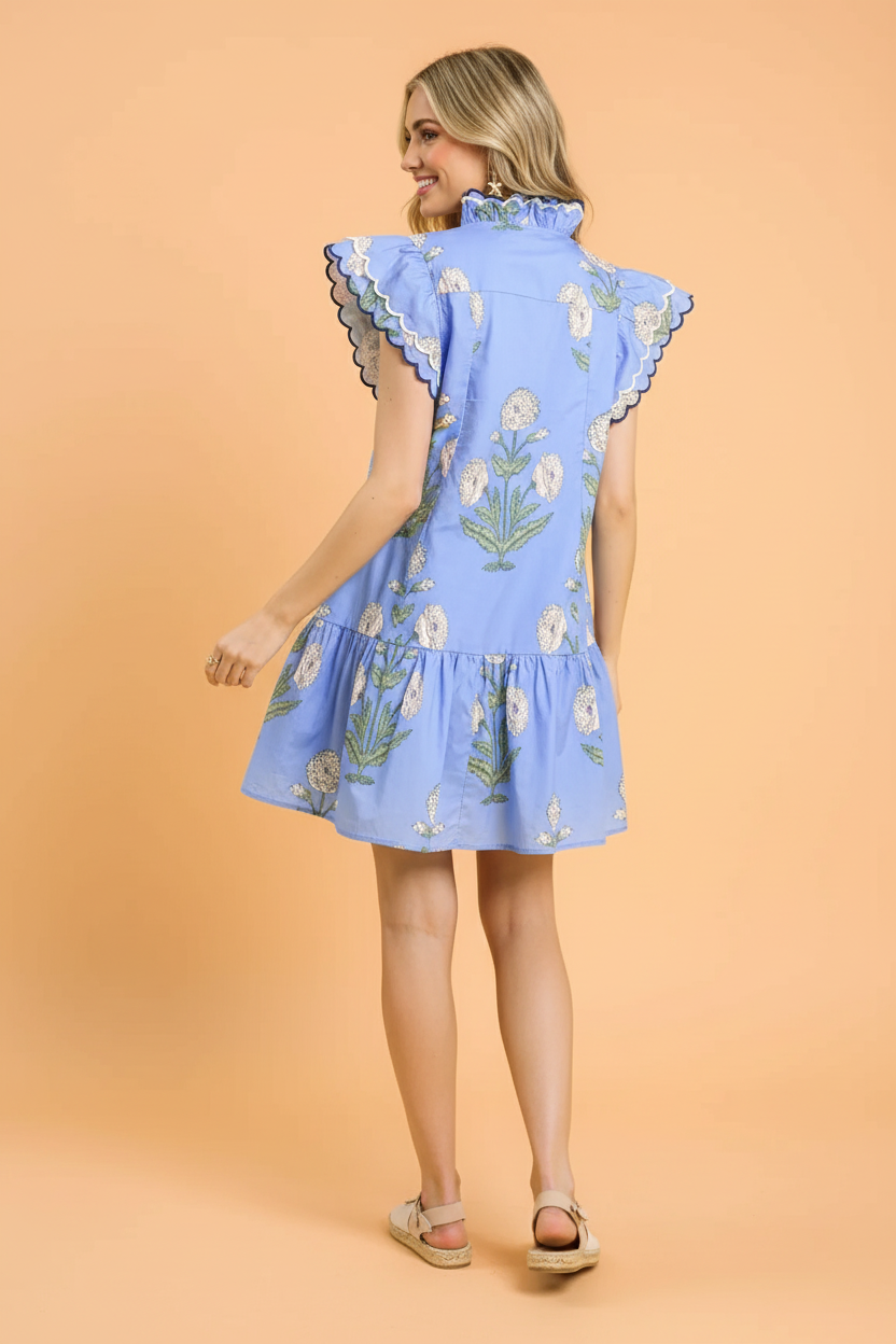 Floral Scalloped Embroidery Drop Waist Mini Dress