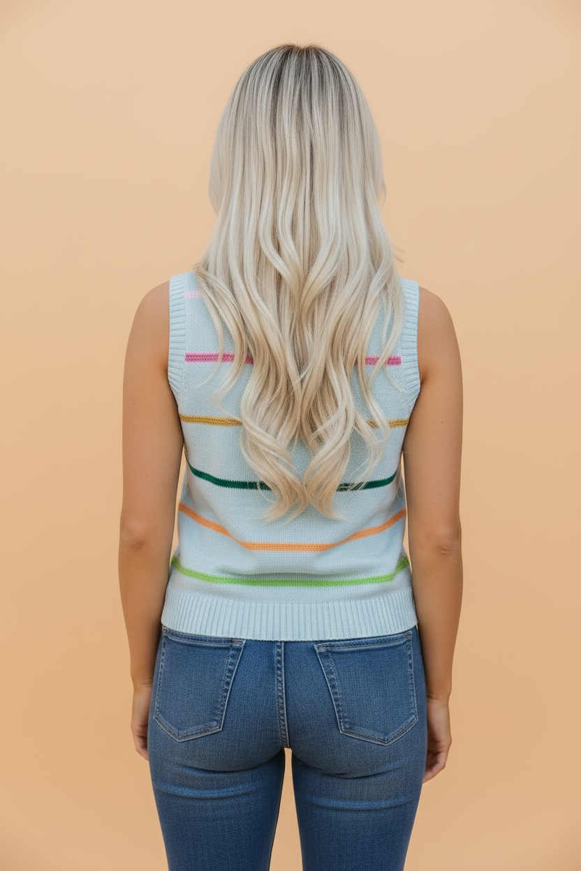 Stripe Ribbed Trim Sleeveless Sweater Knit Tank