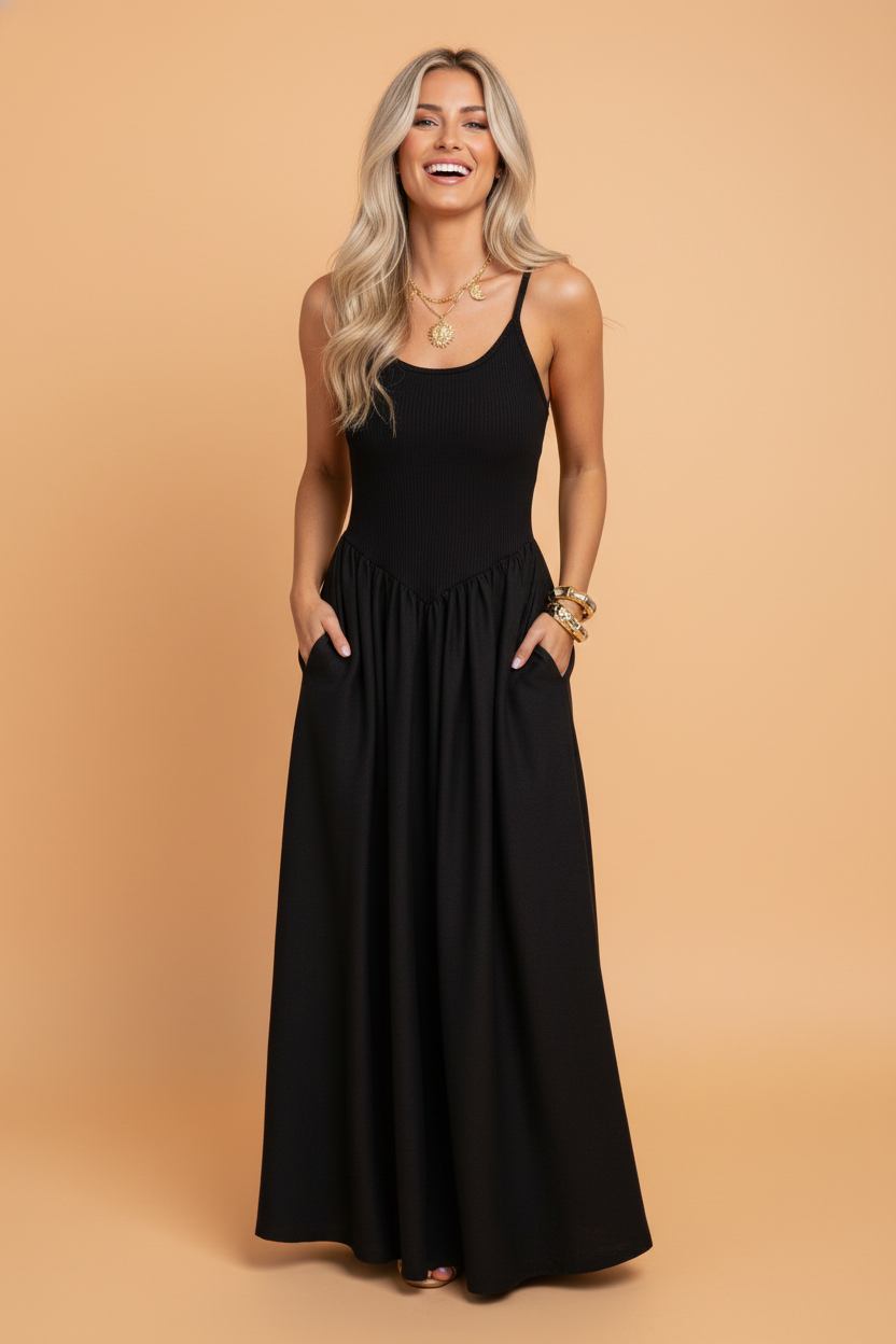Solid Ribbed Patchwork Drop Waist Maxi Dress