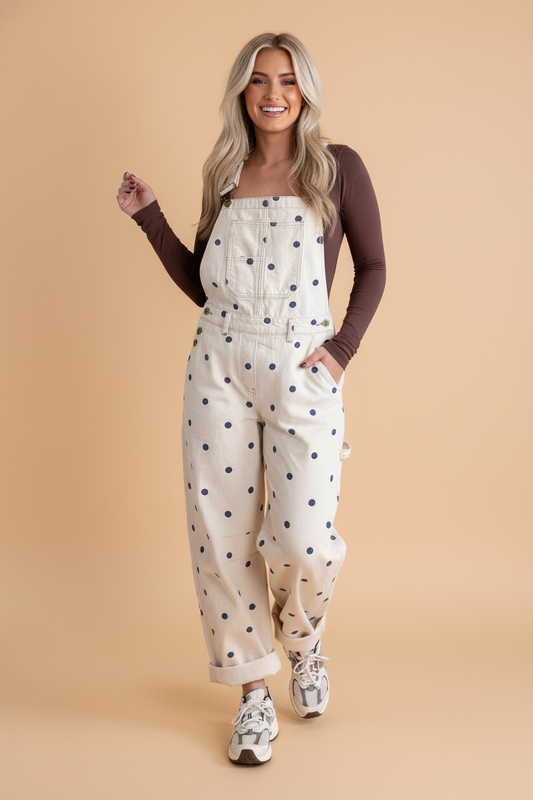 Polka Dot Denim Barrel Leg Overalls Jumpsuit