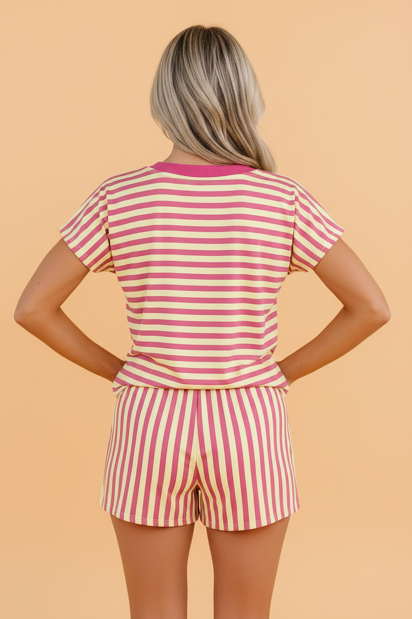 Stripe Colorblock V-Neck Tee & Drawstring Short Set